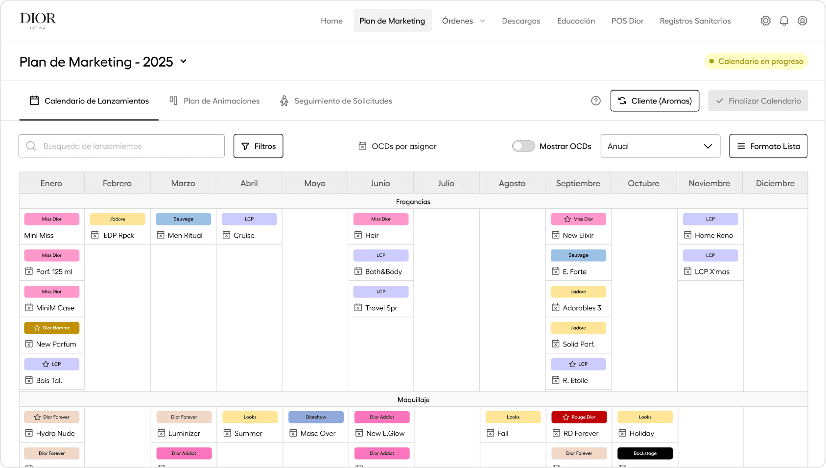 New Dior LatAm calendar interface